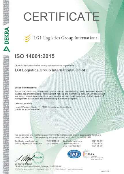 ISO 14001 certificate LGI